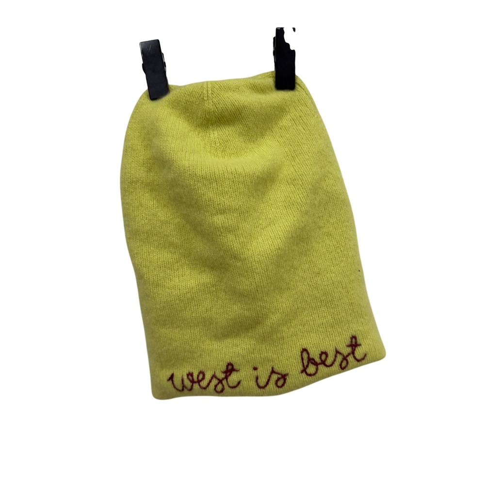 Lingua Franca West Is Best Neon Green 100% Cashmere Embroidered Beanie Hat